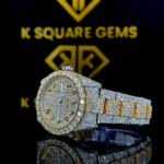 Two Tone Rolex Arabic Dial Yellow Gold Moissanite Diamond Watch Left Profile View