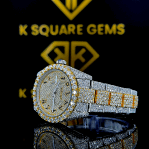 Two Tone Rolex Arabic Dial Yellow Gold Moissanite Diamond Watch Left Profile View