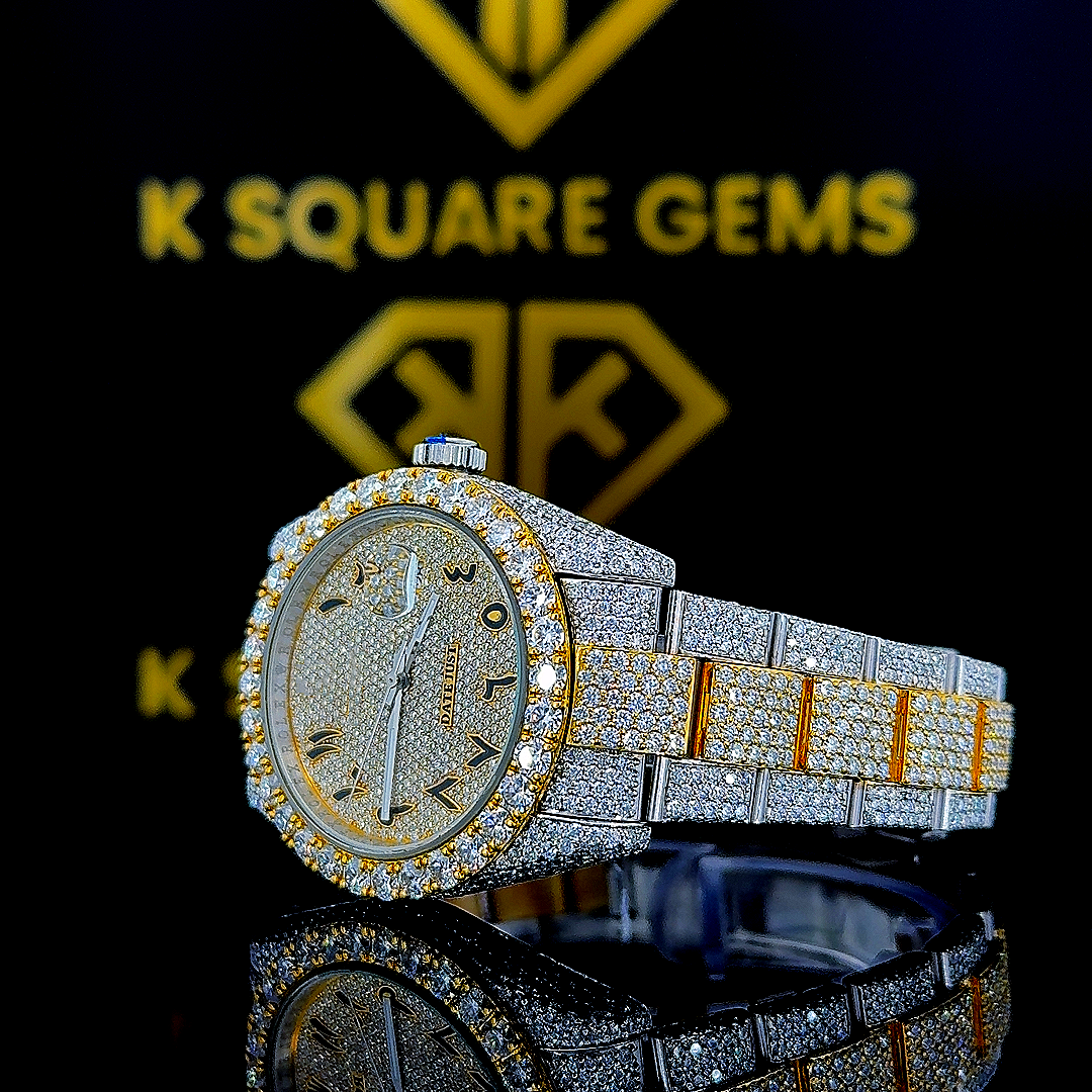 Two Tone Rolex Arabic Dial Yellow Gold Moissanite Diamond Watch Left Profile View