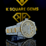 Two Tone Rolex Arabic Dial Yellow Gold Moissanite Diamond Watch Right Profile View