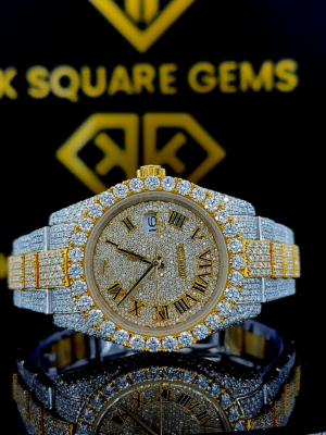 Rolex Datejust Roman Numerals Pave Diamond Dial Yellow Gold Two Tone Moissanite Watch