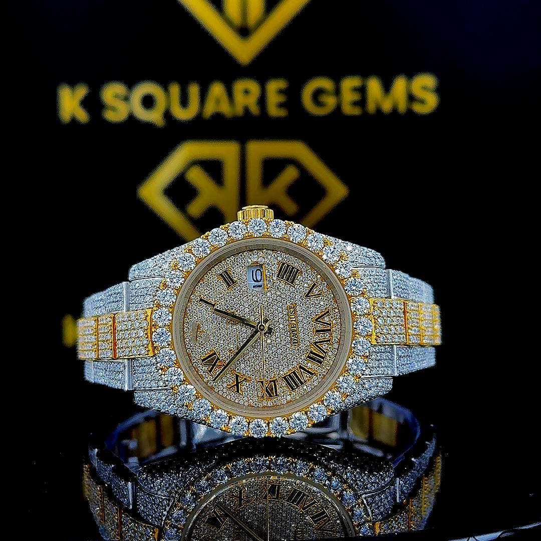 Two Tone Rolex Roman Numeral Datejust Moissanite Diamond Watch Front View