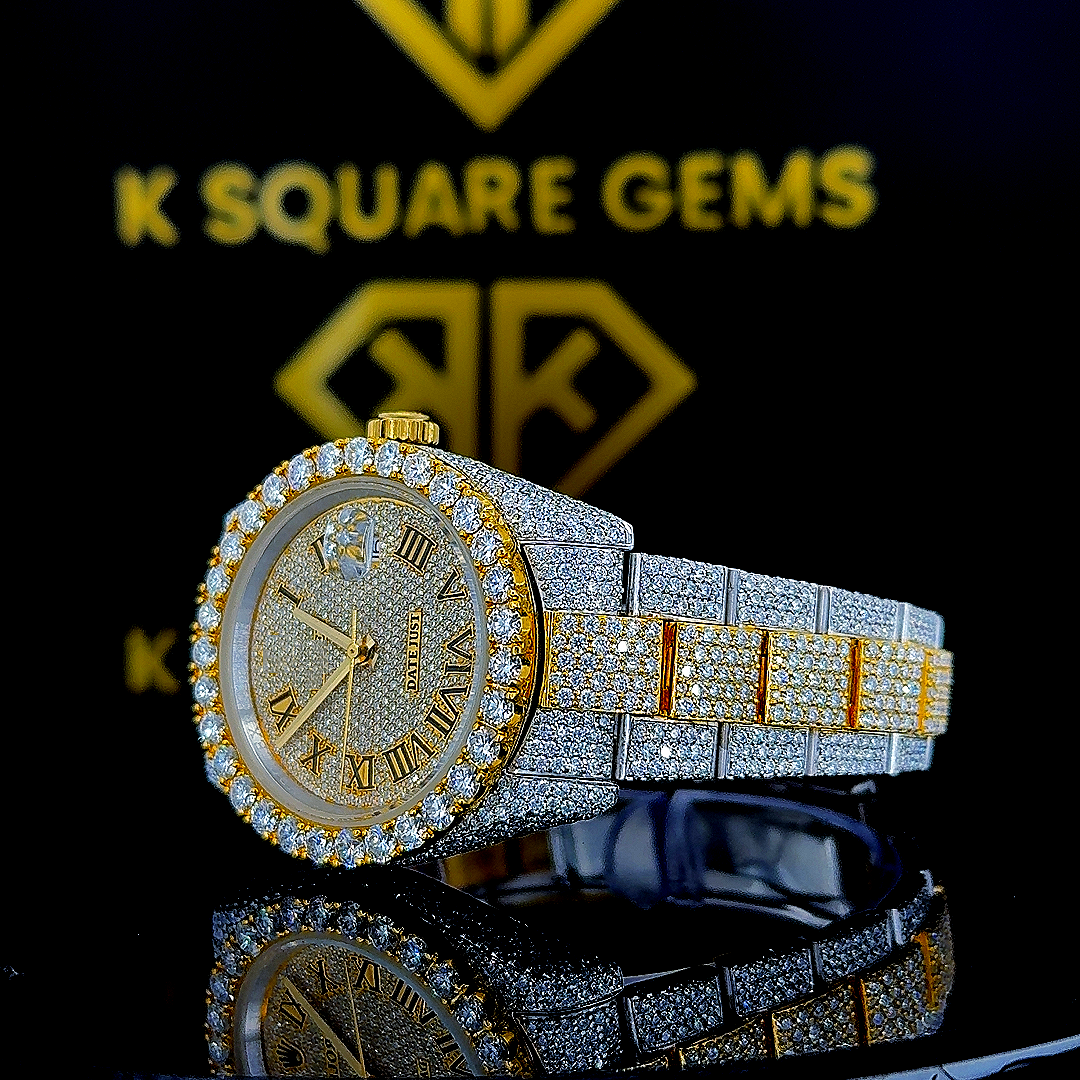 Two Tone Rolex Roman Numeral Datejust Moissanite Diamond Watch Left Profile View