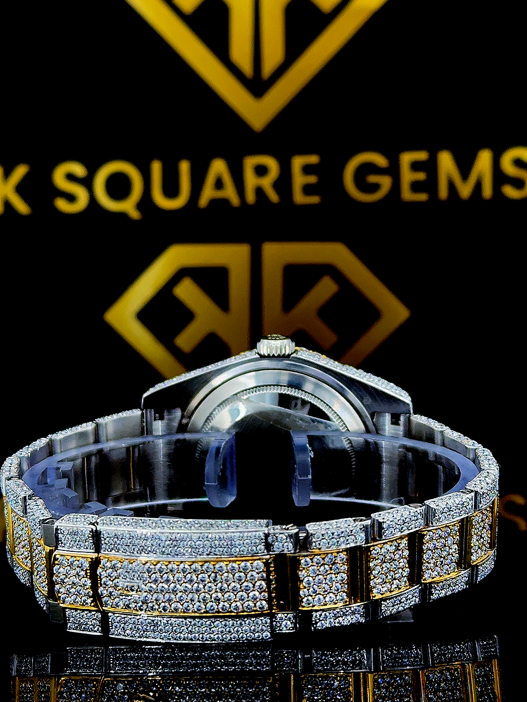 Back view of Two Tone Yellow Dial Rolex Moissanite Diamond Watch