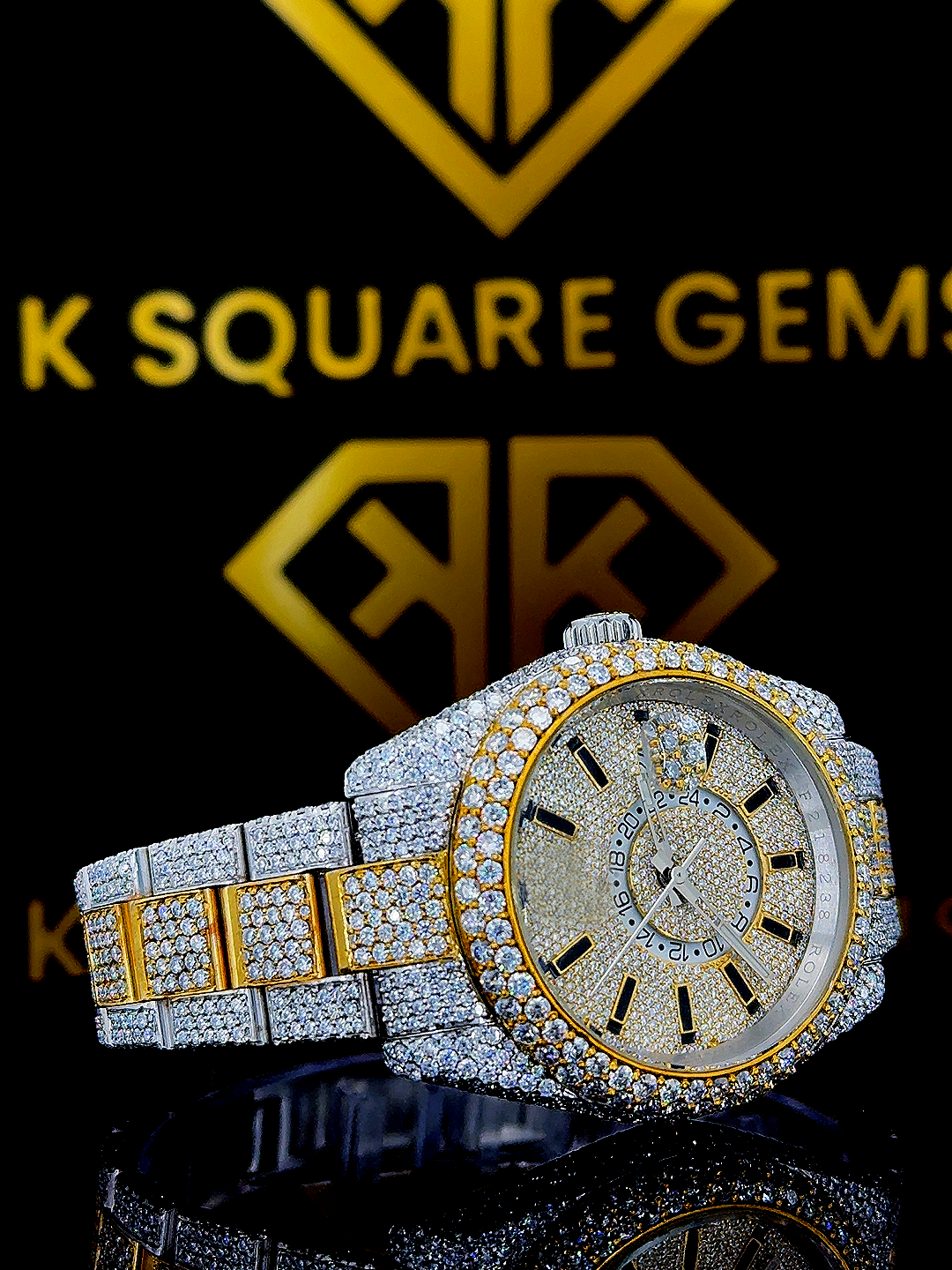 Right side view of Two Tone Yellow Dial Rolex Moissanite Diamond Watch