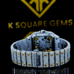 Two Tone Yellow Gold Cartier Skeleton Dial Moissanite Diamond Watch Back View