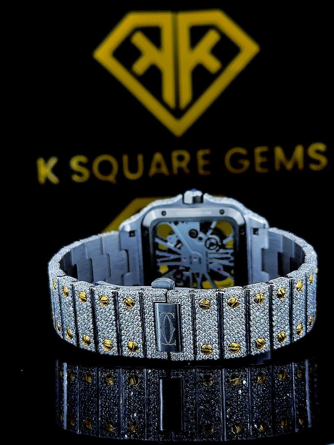 Two Tone Yellow Gold Cartier Skeleton Dial Moissanite Diamond Watch Back View