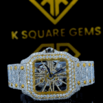 Two Tone Yellow Gold Cartier Skeleton Dial Moissanite Diamond Watch Front View