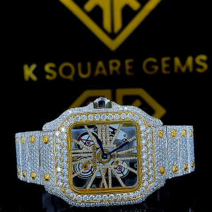 Two Tone Yellow Gold Cartier Skeleton Dial Moissanite Diamond Watch Front View