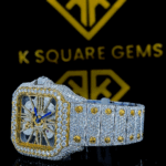 Two Tone Yellow Gold Cartier Skeleton Dial Moissanite Diamond Watch Left Side View