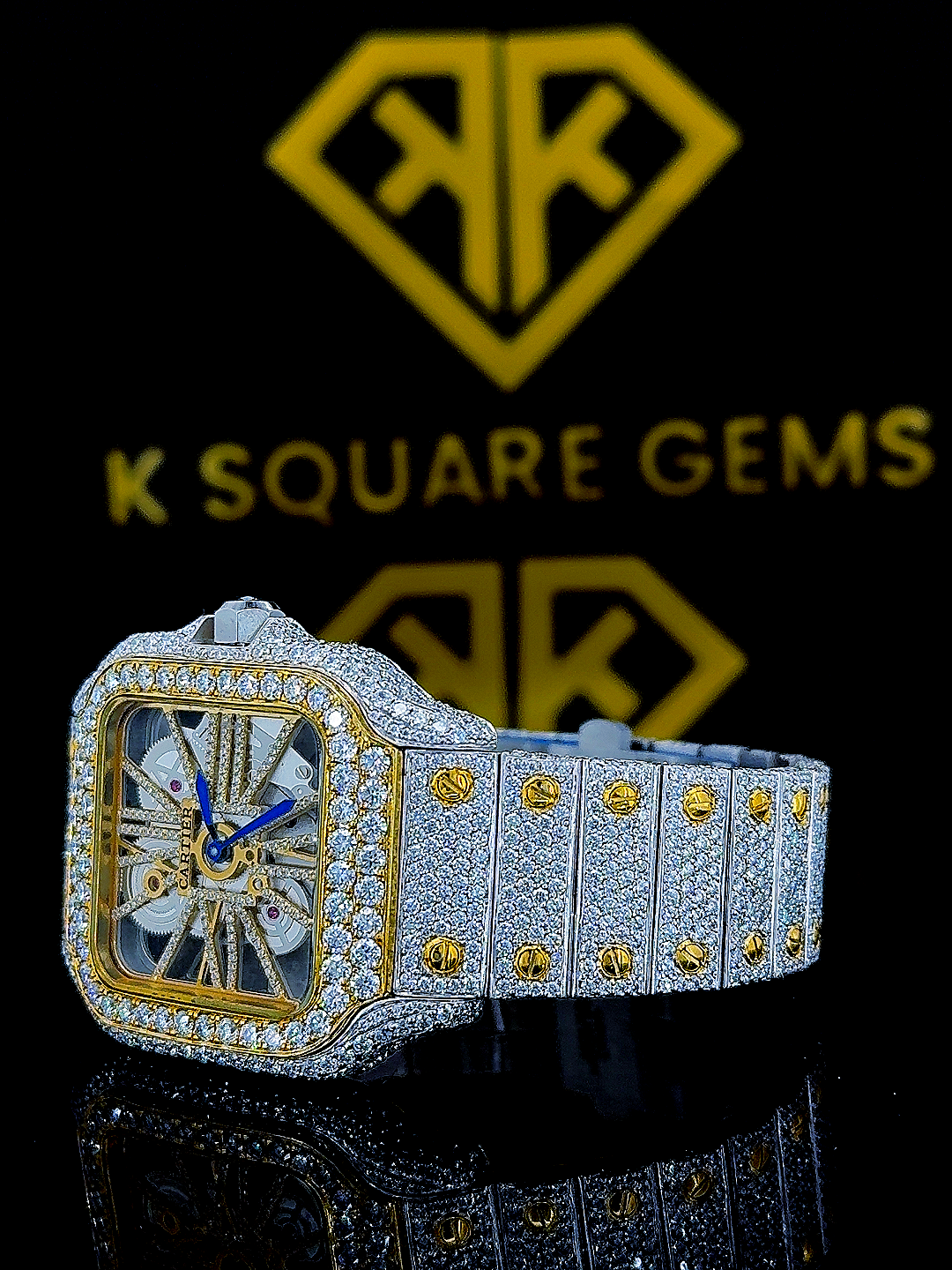 Two Tone Yellow Gold Cartier Skeleton Dial Moissanite Diamond Watch Left Side View