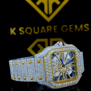 Two Tone Yellow Gold Cartier Skeleton Dial Moissanite Diamond Watch Right Side View