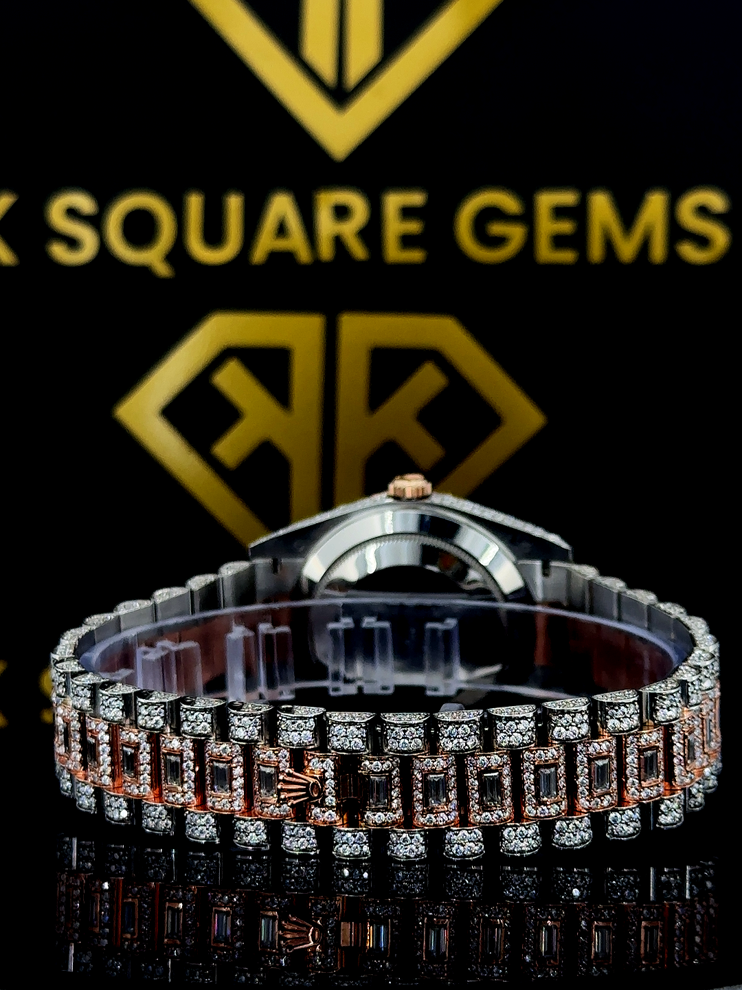 Rolex Day-Date Arabic Numerals Pave Diamond Dial Rose Gold Two Tone Moissanite Watch