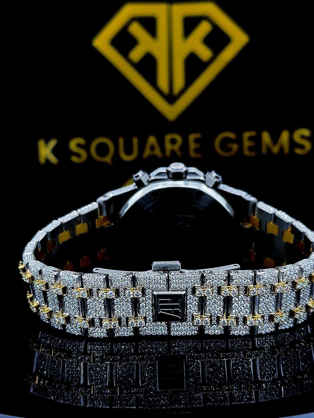 AP Two Tone Yellow Gold Iced Out Chronograph Moissanite Diamond Watch Back View