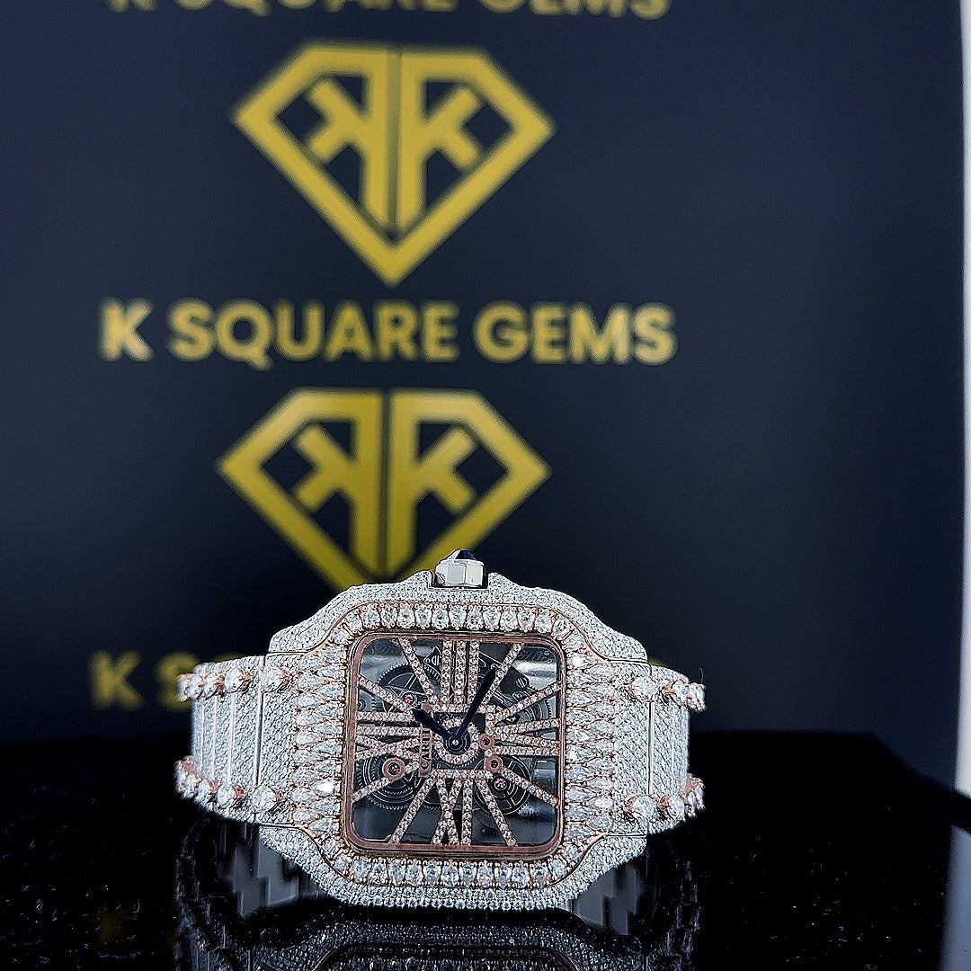 Cartier Santos Transparent Skeleton Dial Two Tone Rose Gold Moissanite Watch