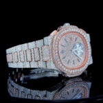 Patek Philippe Nautilus Subdial Stick Markers Pave Diamond Dial Rose Gold Two Tone Moissanite Watch