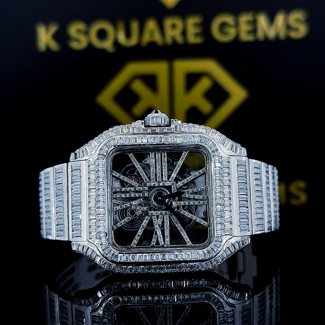 Cartier Santos Openwork Diamond Skeleton Dial Fully Iced Out Moissanite Watch