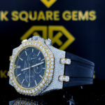 AP Chronograph Royal Oak Silicone Strap Moissanite Diamond Watch Left Side Dial Close Up View
