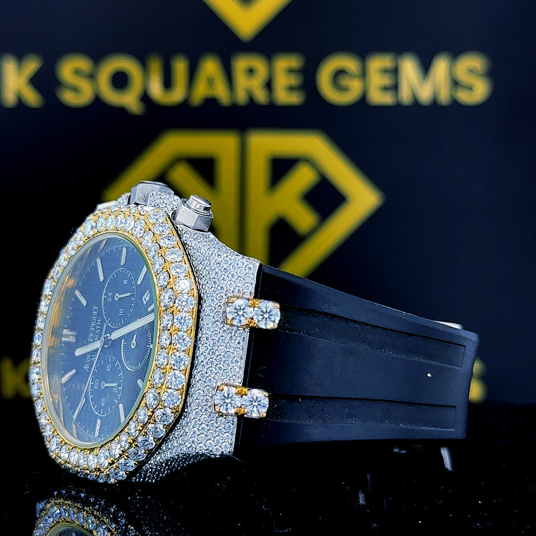 AP Chronograph Royal Oak Silicone Strap Moissanite Diamond Watch Left Side Dial View