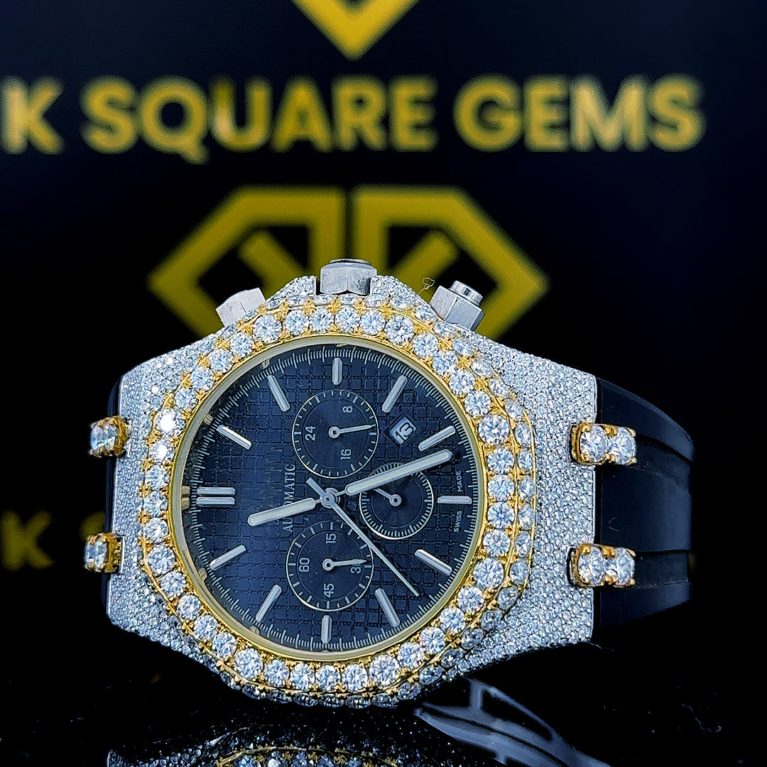 AP Chronograph Silicone Strap Moissanite Diamond Watch Front Dial Close UpView