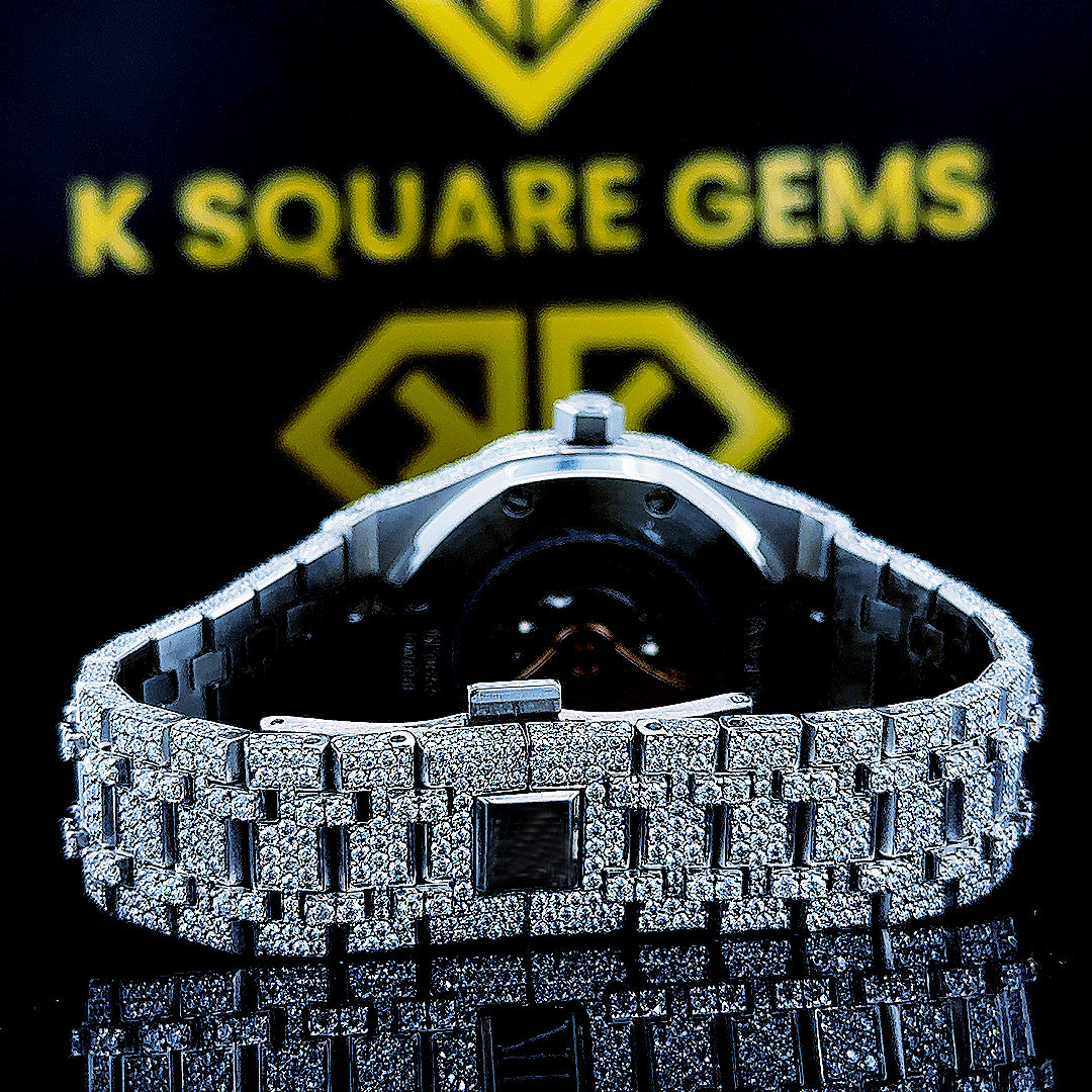 AP Royal Oak Blue Arabic Dial Iced Out Moissanite Diamond Watch Back Side View