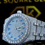 AP Royal Oak Blue Arabic Dial Iced Out Moissanite Diamond Watch Dial Close Up View