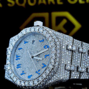 AP Royal Oak Blue Arabic Dial Iced Out Moissanite Diamond Watch Dial Close Up View