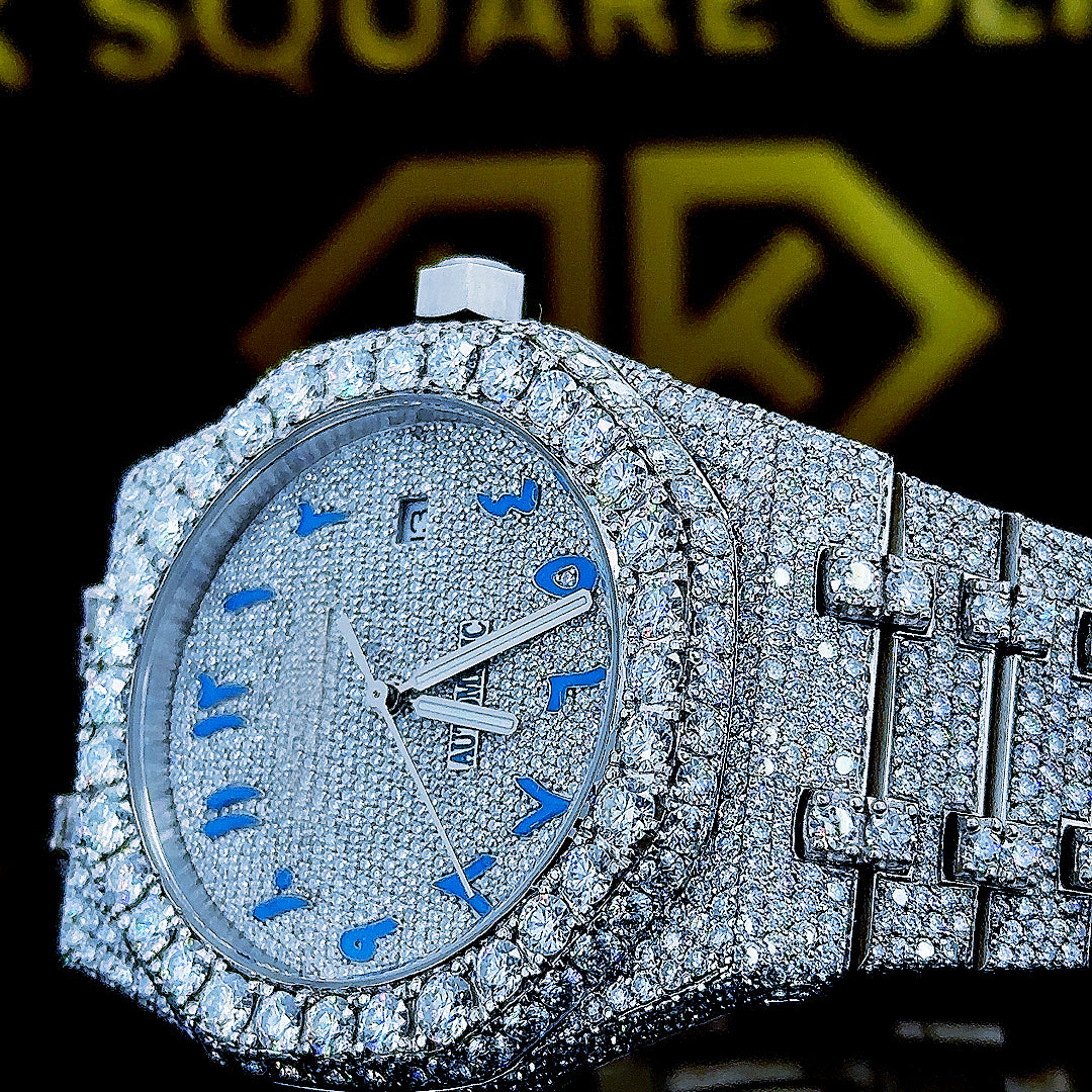 AP Royal Oak Blue Arabic Dial Iced Out Moissanite Diamond Watch Dial Close Up View