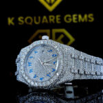 AP Royal Oak Blue Arabic Dial Iced Out Moissanite Diamond Watch Left Profile View