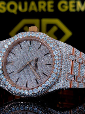AP Royal Oak Stick Markers Pave Diamond Dial Rose Gold Two Tone Moissanite Watch