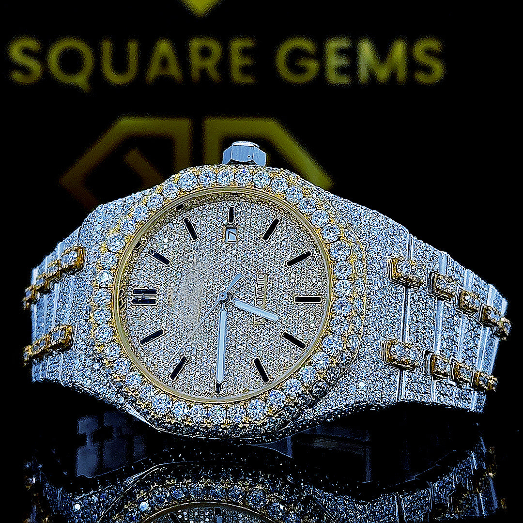 AP Royal Oak Two Tone Yellow Gold Moissanite Diamond Watch Dial Close Up View