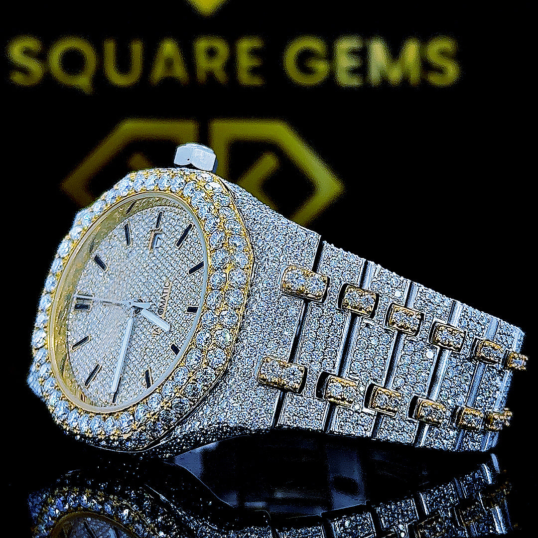 AP Royal Oak Two Tone Yellow Gold Moissanite Diamond Watch Left Profile View