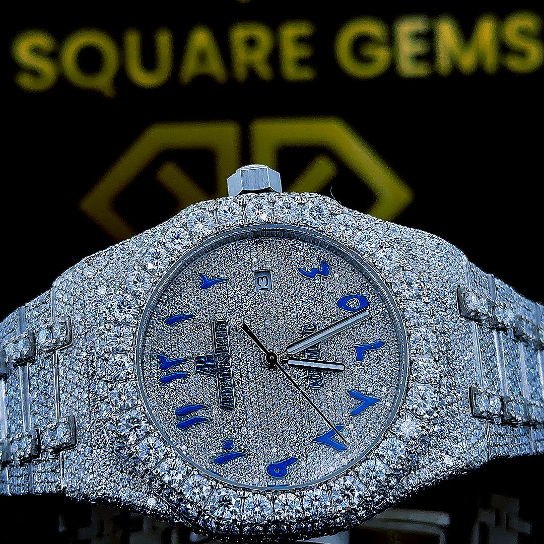 Arabic Numeral AP Full Iced Out Moissanite Diamond Watch Front Close View