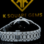 Back view of Royal Oak Fully Iced Out Moissanite Diamond Watch Blue Arabic Dial