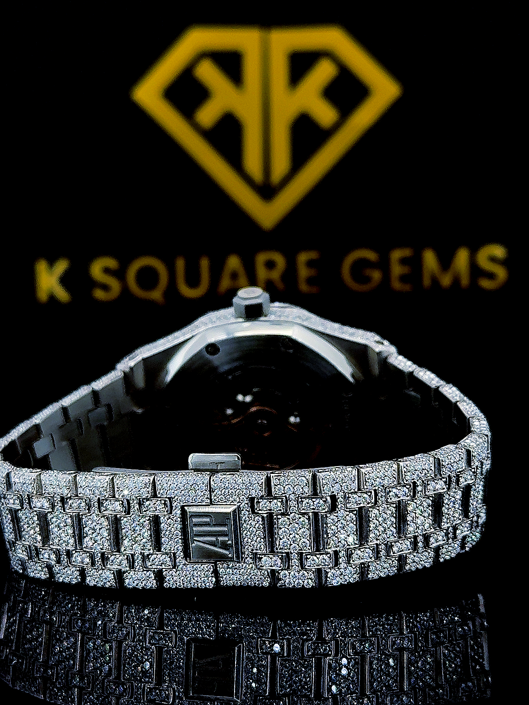 Back view of Royal Oak Fully Iced Out Moissanite Diamond Watch Blue Arabic Dial