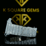 Close up strap view of Blue Dial Iced Out Cartier Santos Moissanite Diamond Watch