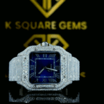 Cartier Santos Roman Numerals Blue Dial Fully Iced Out Moissanite Watch
