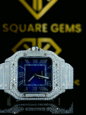 Cartier Santos Roman Numerals Blue Dial Fully Iced Out Moissanite Watch