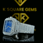 Close up front side view of Blue Dial Iced Out Cartier Santos Moissanite Diamond Watch