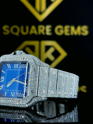 Left side view of Blue Dial Iced Out Cartier Santos Moissanite Diamond Watch