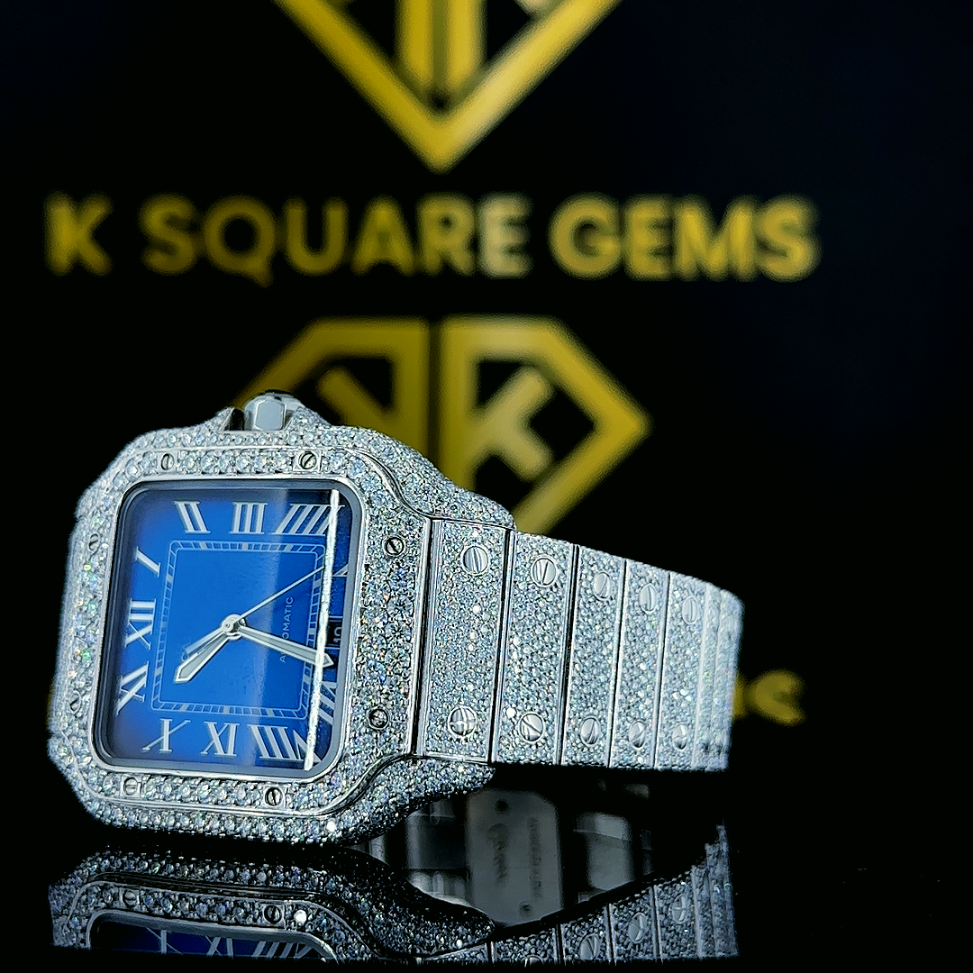 Left side view of Blue Dial Iced Out Cartier Santos Moissanite Diamond Watch