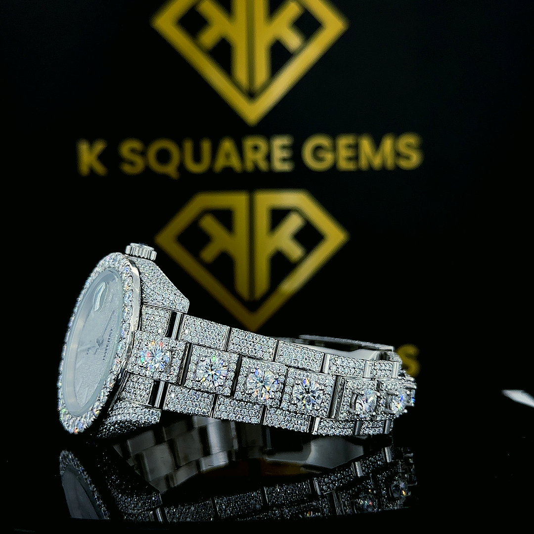 Close up strap Diamond view of Bust Down White Dial Rolex Datejust Moissanite Diamond Watch