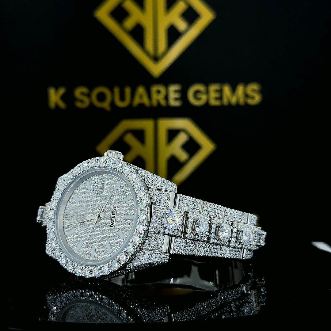 Left side view of Bust Down White Dial Rolex Datejust Moissanite Diamond Watch