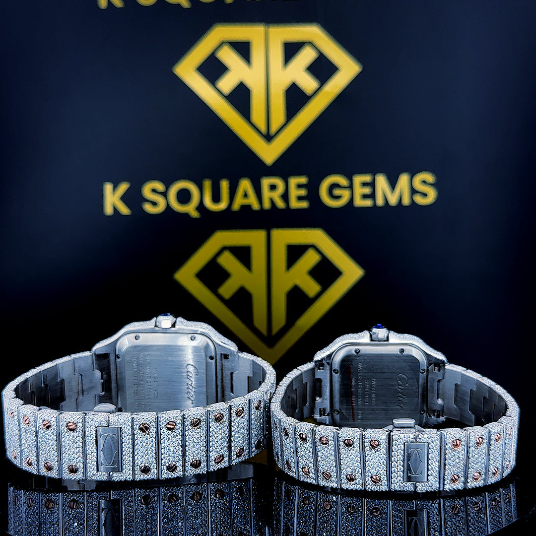 Cartier Santos Couple’s Iced Out Roman Dial Watches Back View