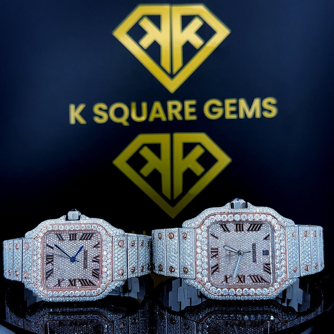Cartier Santos Couple’s Iced Out Roman Dial Watches Front Close Up View