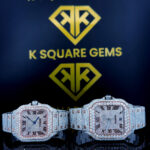 Cartier Santos Roman Numerals Pave Diamond Dial Rose Gold Two Tone Moissanite Couple Watch