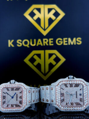 Cartier Santos Roman Numerals Pave Diamond Dial Rose Gold Two Tone Moissanite Couple Watch