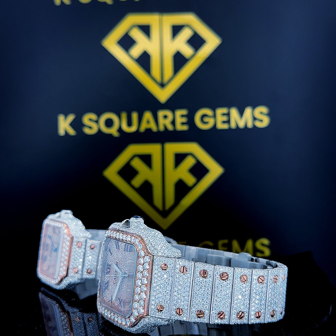 Cartier Santos Couple’s Iced Out Roman Dial Watches Left Profile Bracelet View