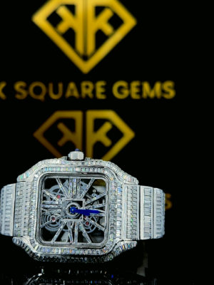 Cartier Santos Skeleton Iced Out Moissanite Diamond Watch Close Up Front View