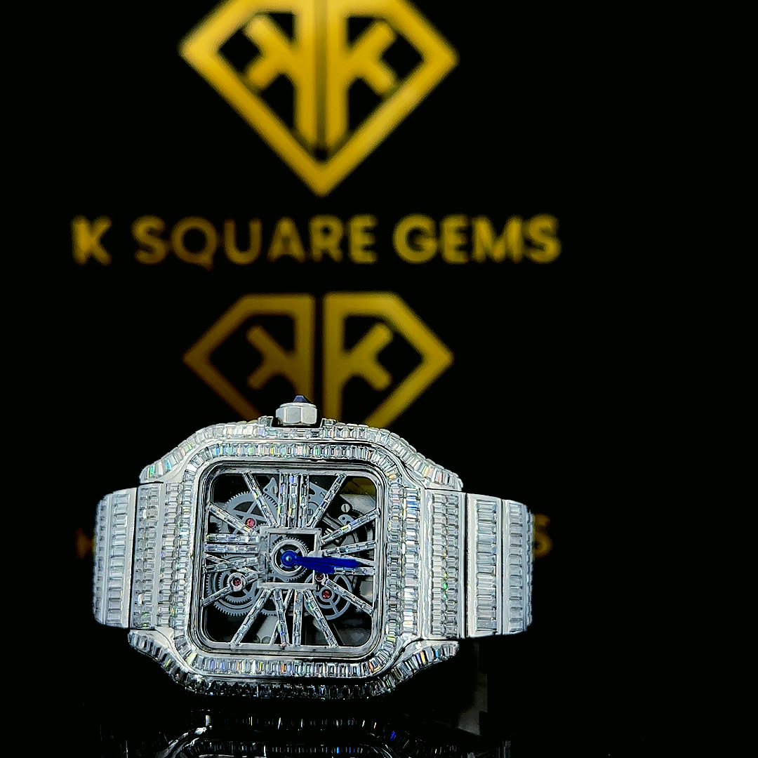 Cartier Santos Skeleton Iced Out Moissanite Diamond Watch Close Up Front View